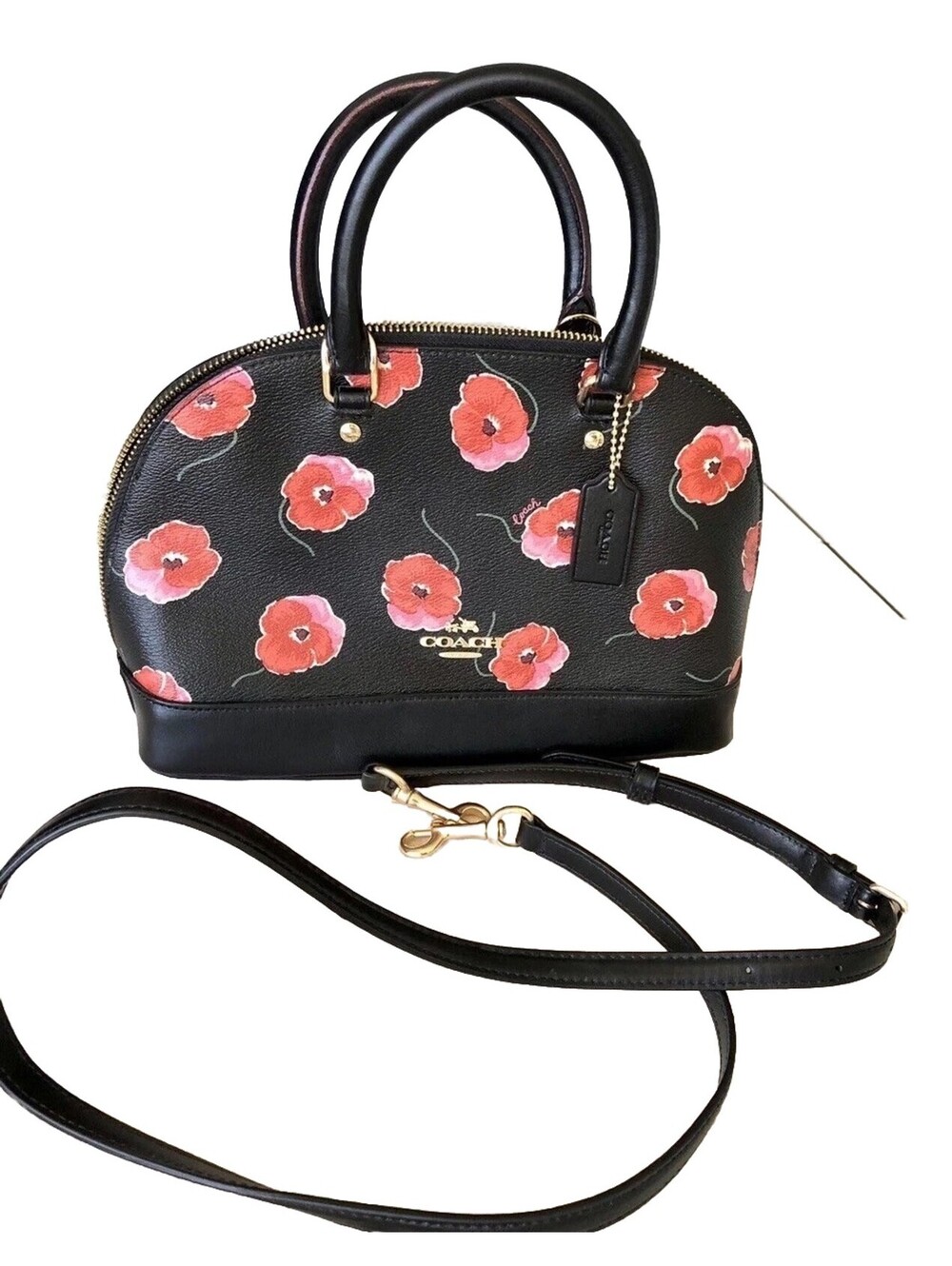 Coach F39710 Black/Red Floral Leather 2 Way Shoulder Purse